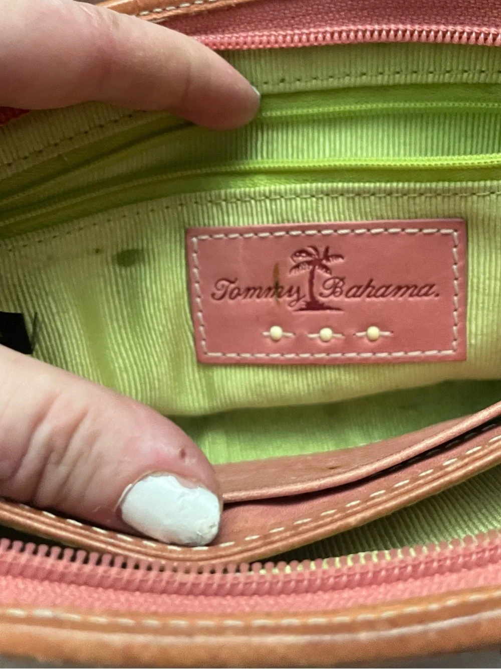 Tommy Bahama leather w Coral and Lime Green Interior Wristlet